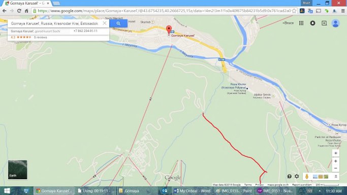 Map showing the later part of the route in red, running from the first stream to the second stream along the dirt road