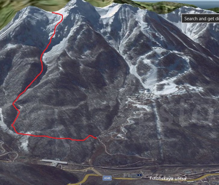 Three-dimensional terrain view of the mountain with the route marked in red, descending from the ridge to the valley road